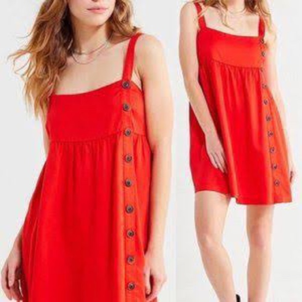 UO red overall button up sleeveless dress